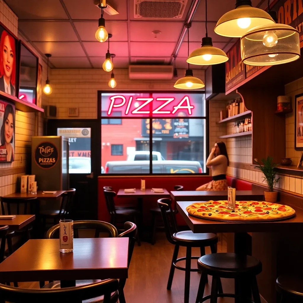 Warm, inviting interior of The Pizza Oven pizzeria with a family dining together